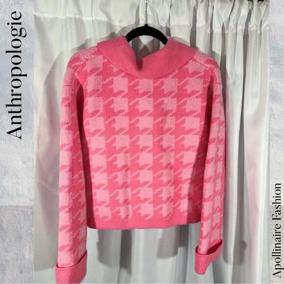 ENGLISH FACTORY FOR ANTHROPOLOGIE HOUNDSTOOTH CROPPED CARDI SWEATER IN PINK MED - Picture 6 of 9